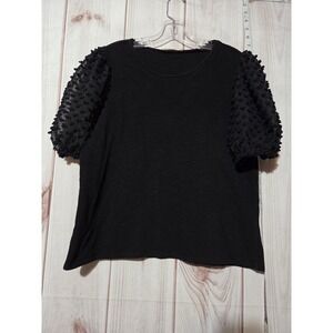 Black Puff Sheer Sleeve Shirt Ladies Medium Textured Elegant  Short Sleeve